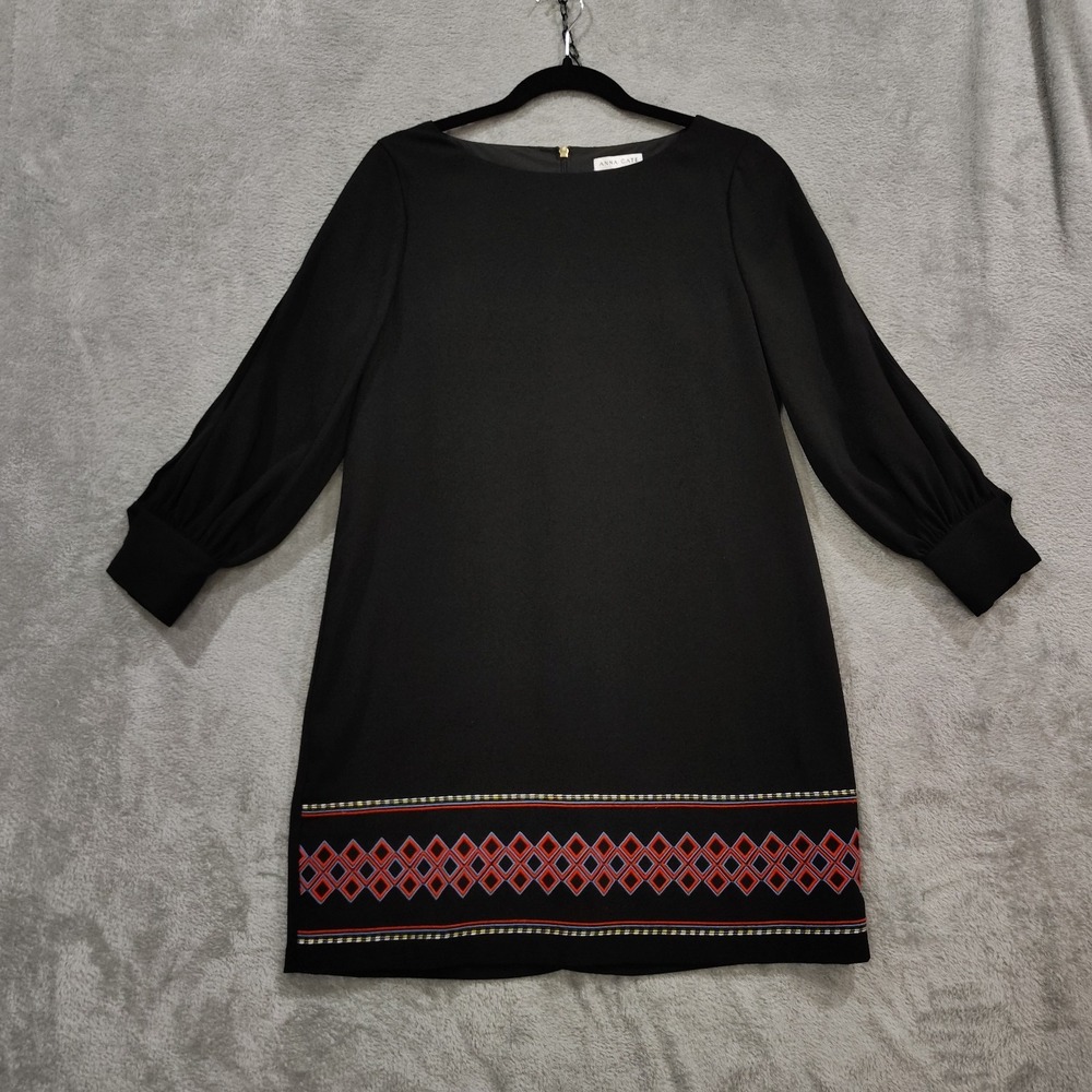 Anna Cate Shift Dress Crepe Lined Sleeve Slits Black‎ Size Small Embroidered